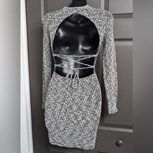 Black and White Lace-Up Knit Cutout Dress
